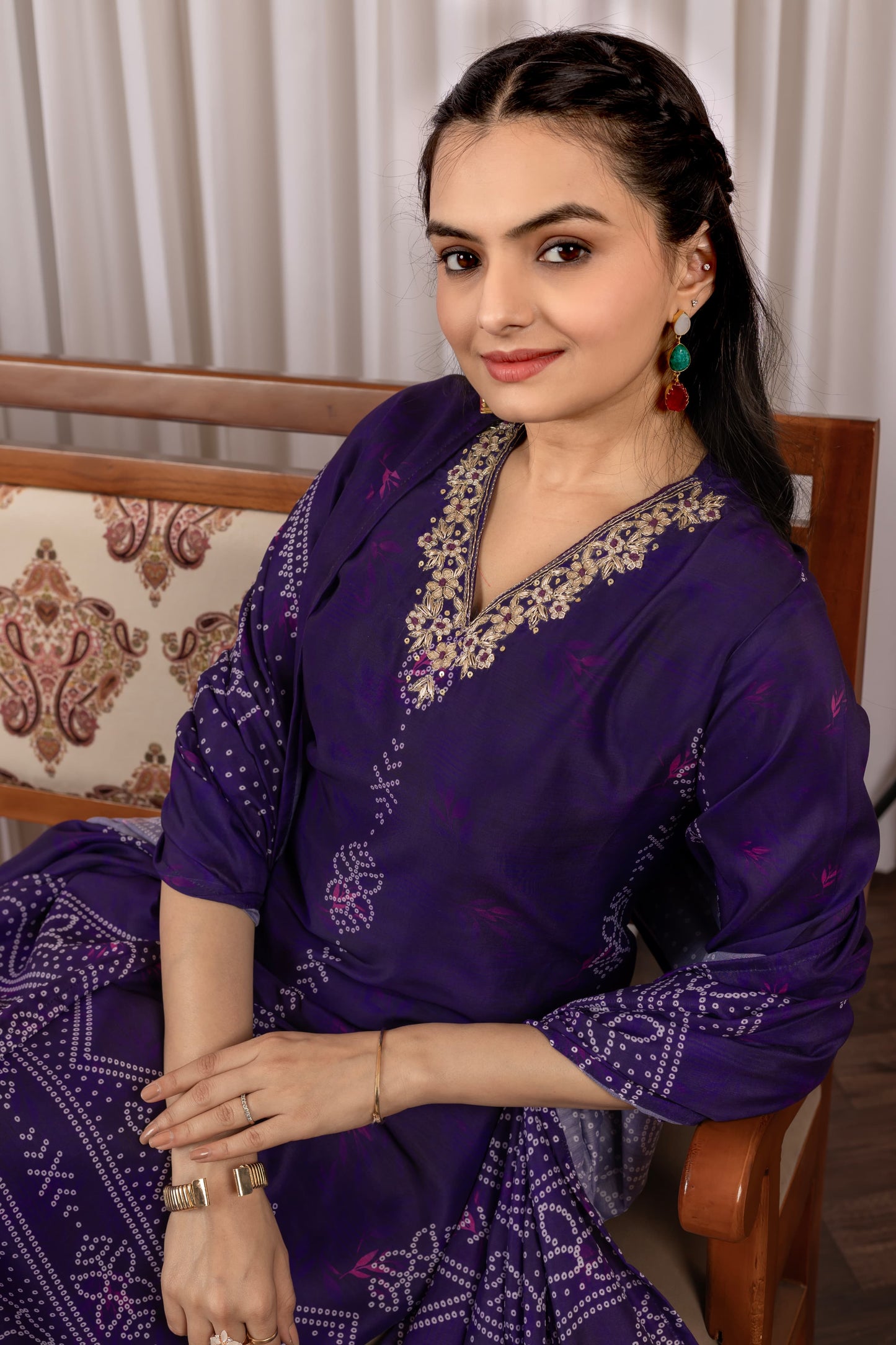 Bandhani Print Muslin Silk Suit Set with Dupatta & Heavy Handwork on Yoke