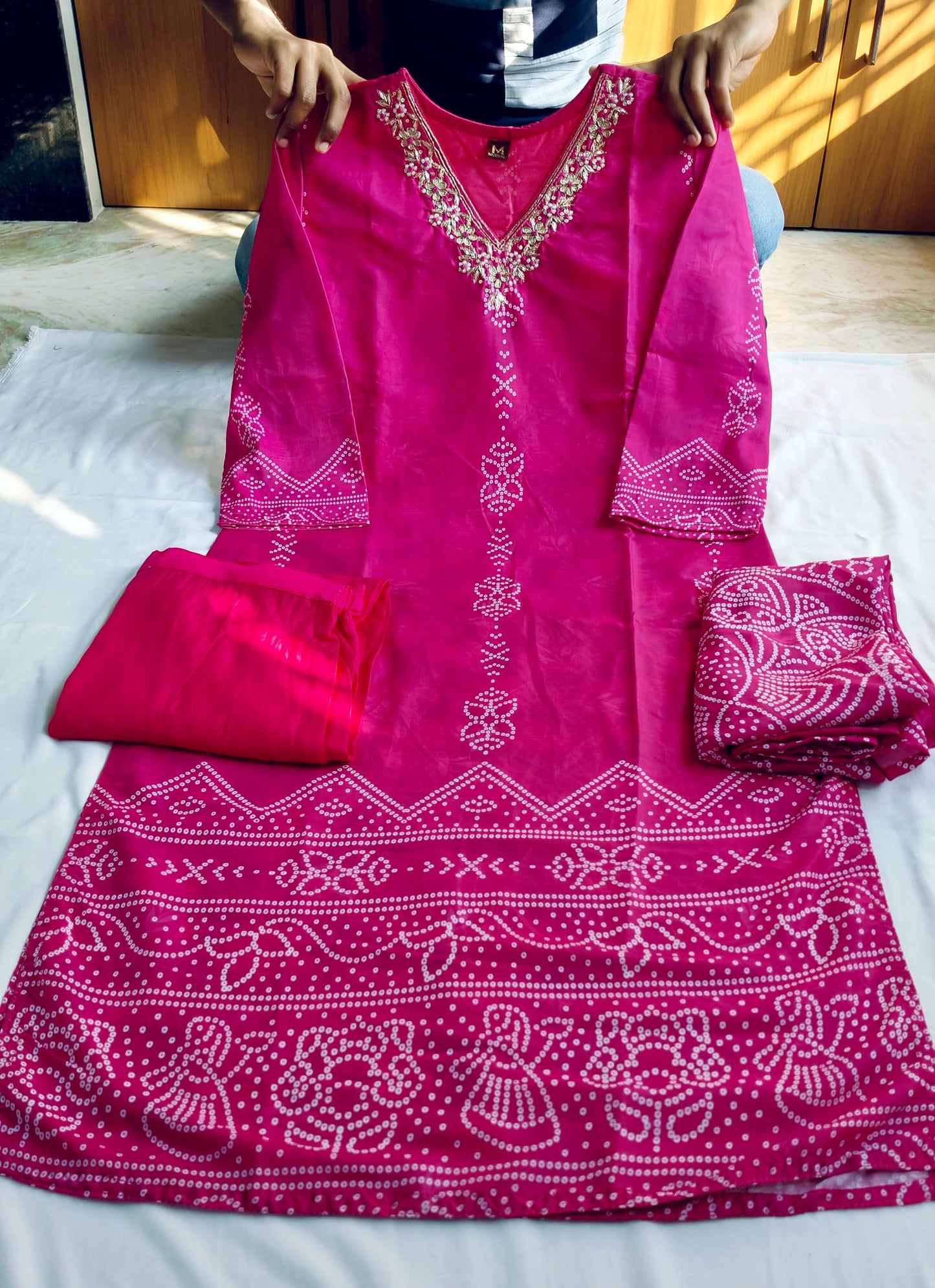 Bandhani Print Muslin Silk Suit Set with Dupatta & Heavy Handwork on Yoke