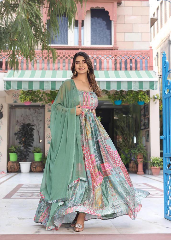 Floral Print Fox Georgette Maxi Dress with Dupatta & Lace Border