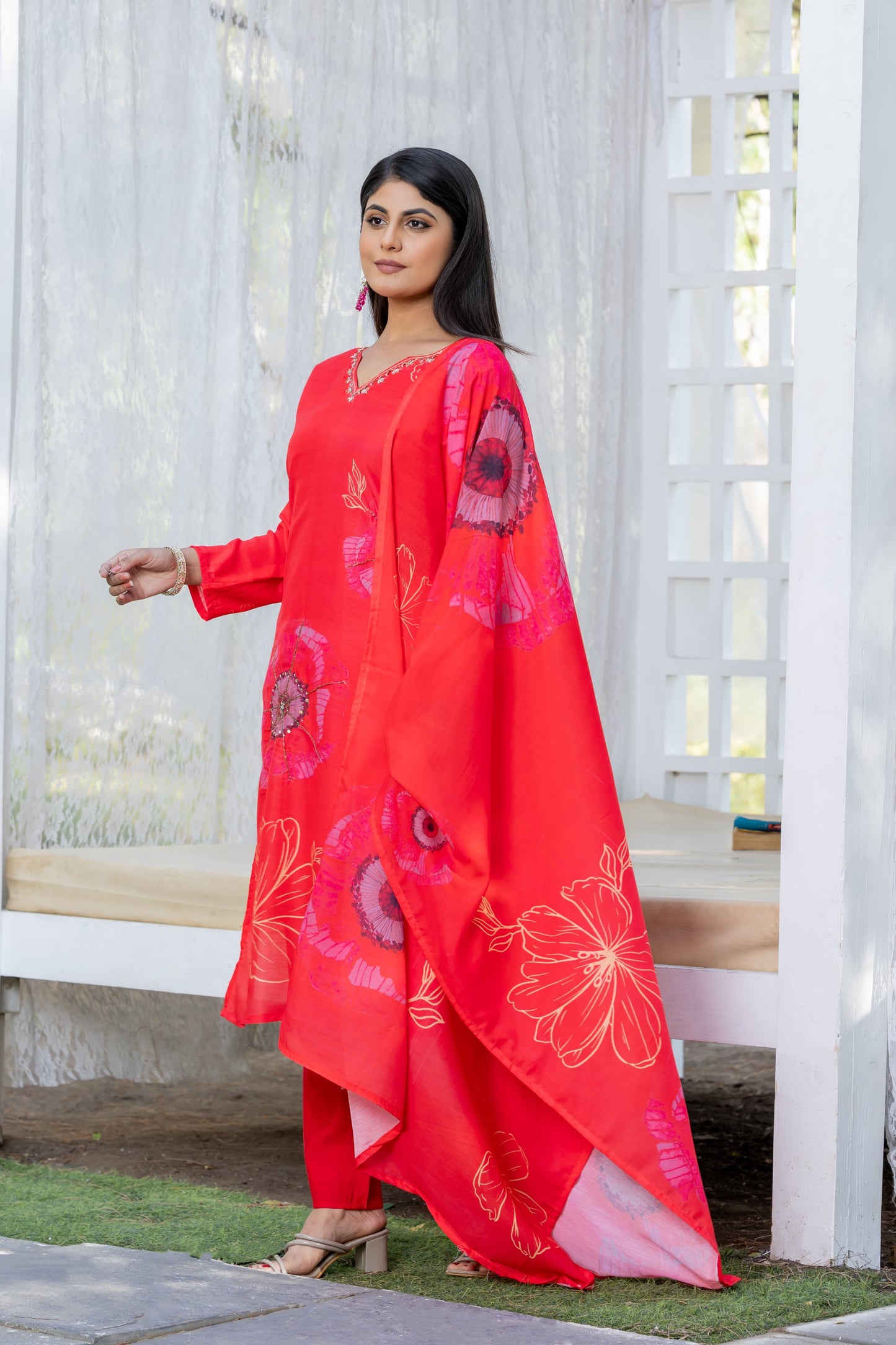 Red Floral Muslin Silk Suit Set with Dupatta & Heavy Handwork Detailing