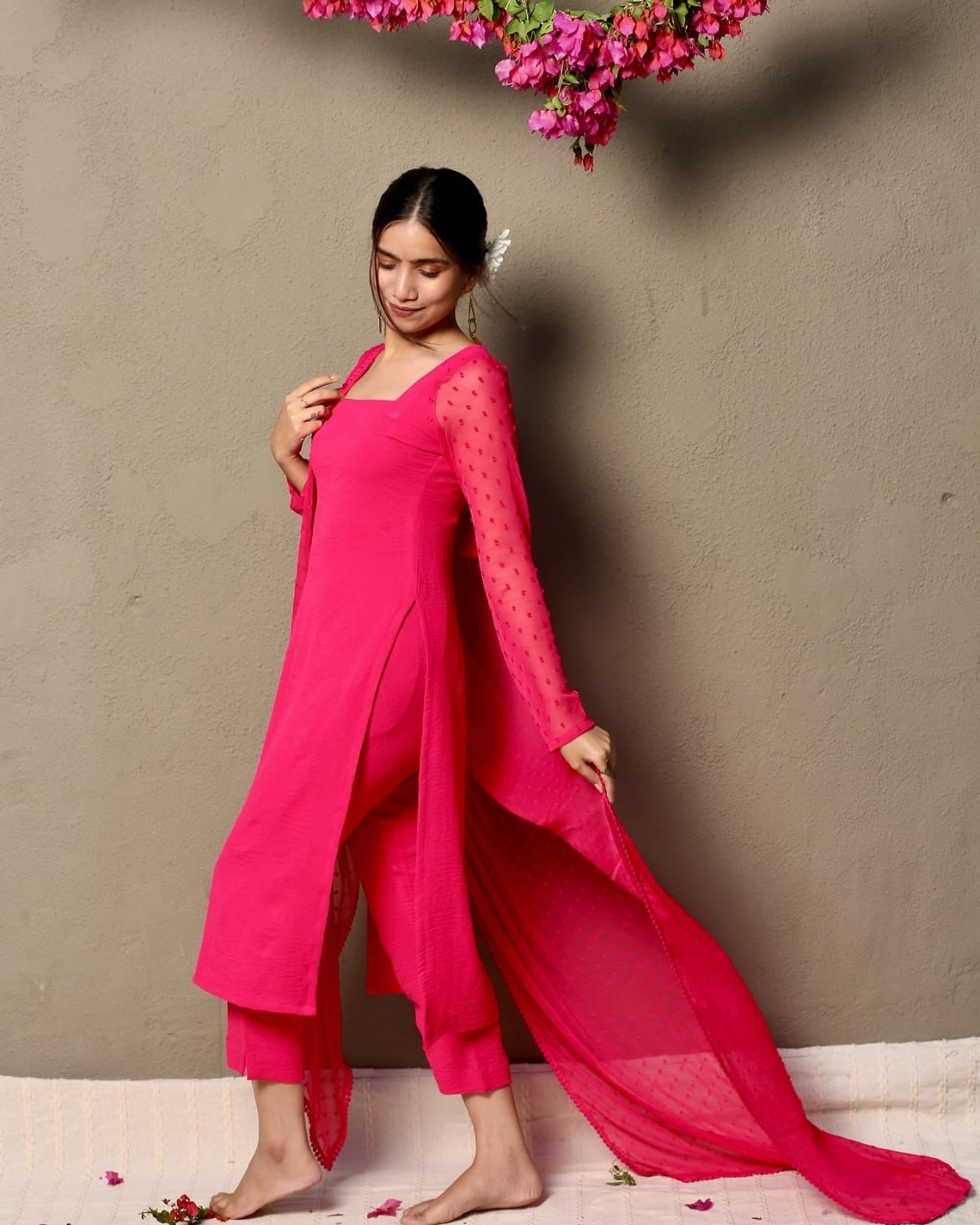 Cotton 60s Kurti Pant Set with Georgette Thousand Butti Dupatta