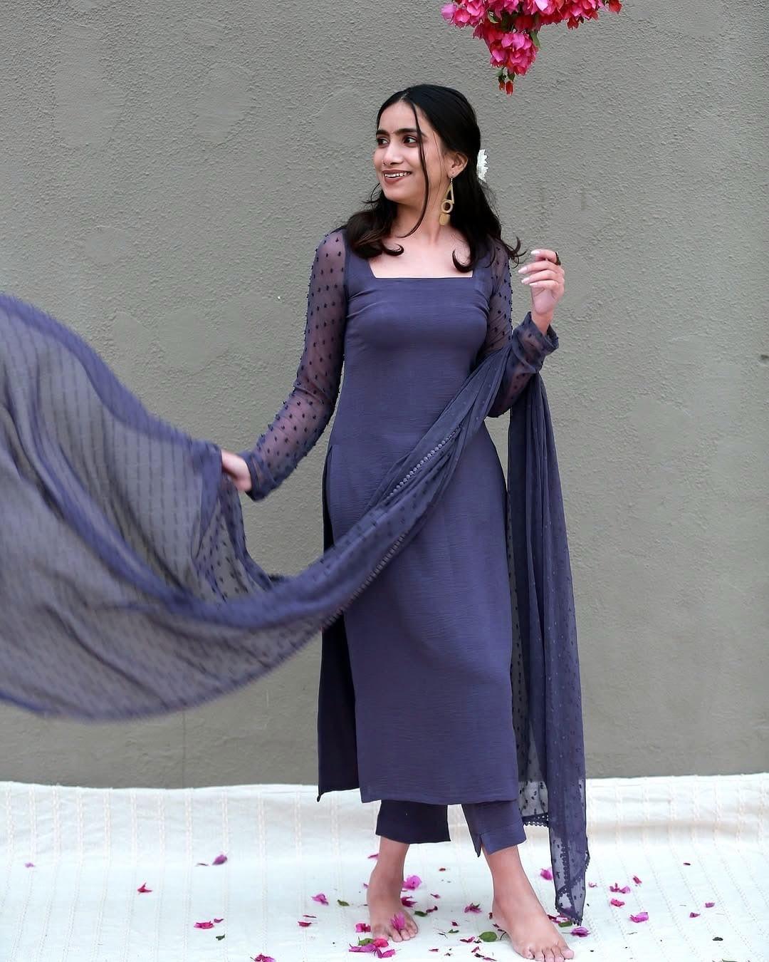 Cotton 60s Kurti Pant Set with Georgette Thousand Butti Dupatta