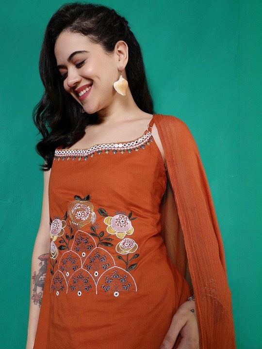 Elegant Cotton Embroidered Kurti Set with Dupatta | Sleeveless Festive Wear