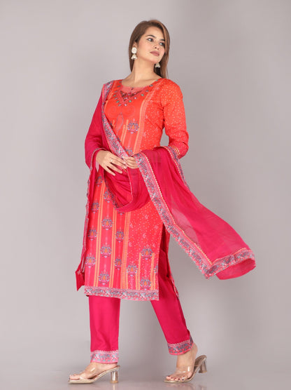 Printed Maslin Kurti Set with Rayon Cotton Pant & Nazmin Dupatta