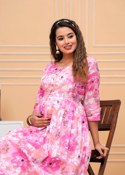 Women's Maternity Kurti for Feeding Zippers, Pre and Post Pregnancy & Nursing Or Mom | Pink Colour