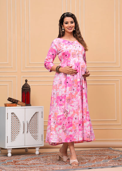 Women's Maternity Kurti for Feeding Zippers, Pre and Post Pregnancy & Nursing Or Mom | Pink Colour