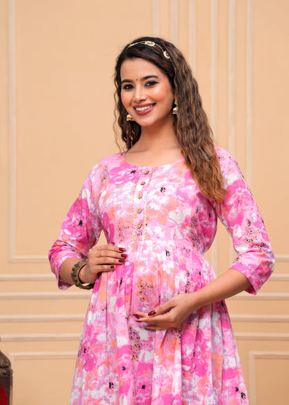 Women's Maternity Kurti for Feeding Zippers, Pre and Post Pregnancy & Nursing Or Mom | Pink Colour