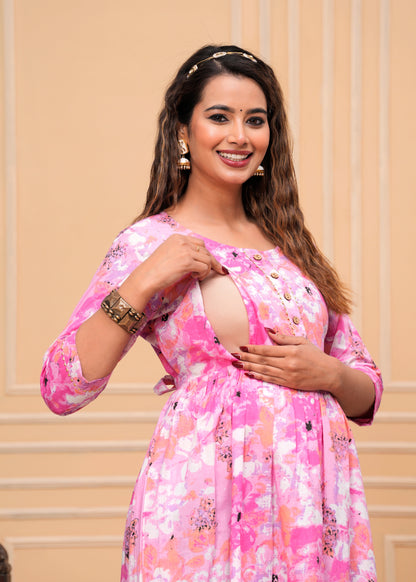 Women's Maternity Kurti for Feeding Zippers, Pre and Post Pregnancy & Nursing Or Mom | Pink Colour