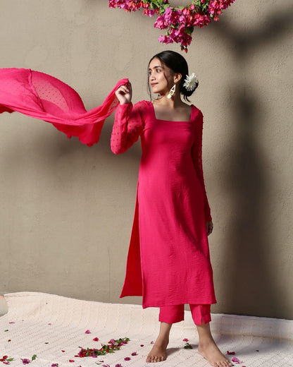 Cotton 60s Kurti Pant Set with Georgette Thousand Butti Dupatta