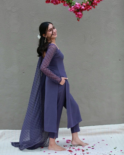 Cotton 60s Kurti Pant Set with Georgette Thousand Butti Dupatta