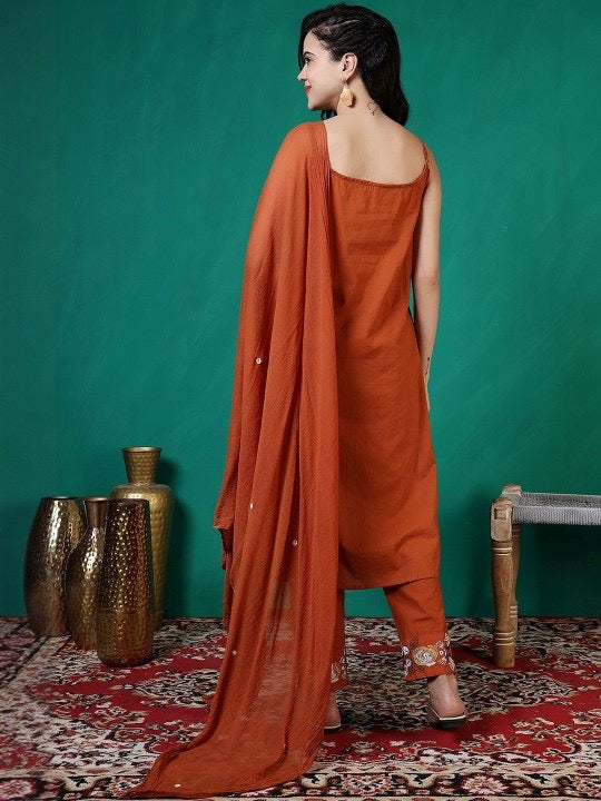 Elegant Cotton Embroidered Kurti Set with Dupatta | Sleeveless Festive Wear