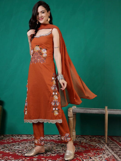 Elegant Cotton Embroidered Kurti Set with Dupatta | Sleeveless Festive Wear
