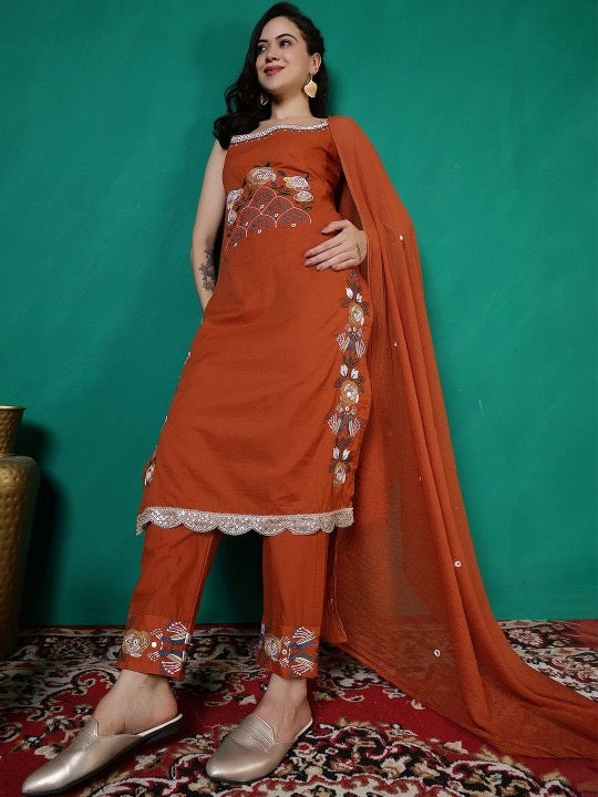 Elegant Cotton Embroidered Kurti Set with Dupatta | Sleeveless Festive Wear