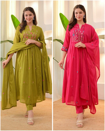 Heavy Embroidered Cotton Kurti Pant Dupatta Set | Premium 60x60 Fabric