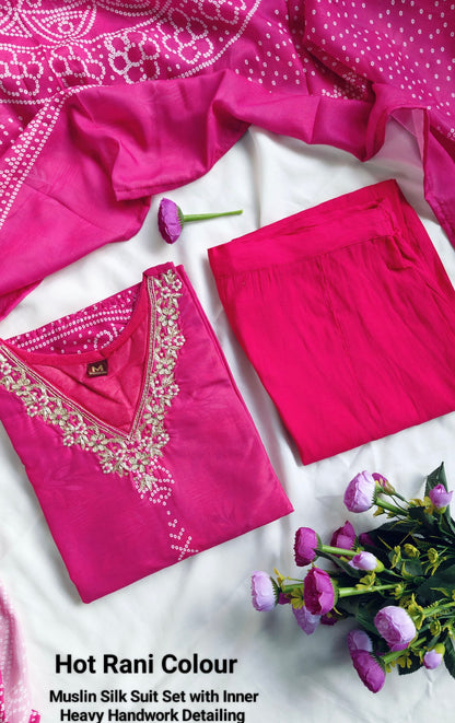 Bandhani Print Muslin Silk Suit Set with Dupatta & Heavy Handwork on Yoke