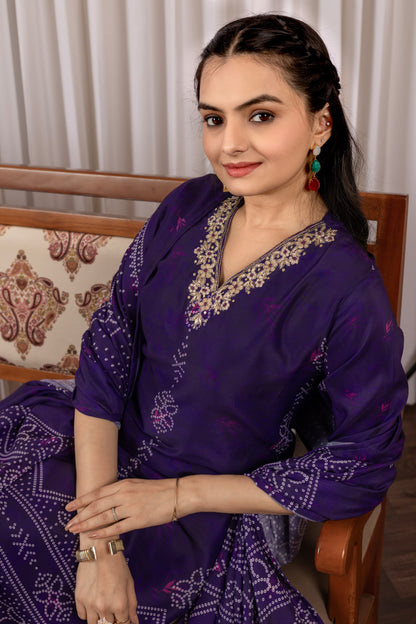 Bandhani Print Muslin Silk Suit Set with Dupatta & Heavy Handwork on Yoke