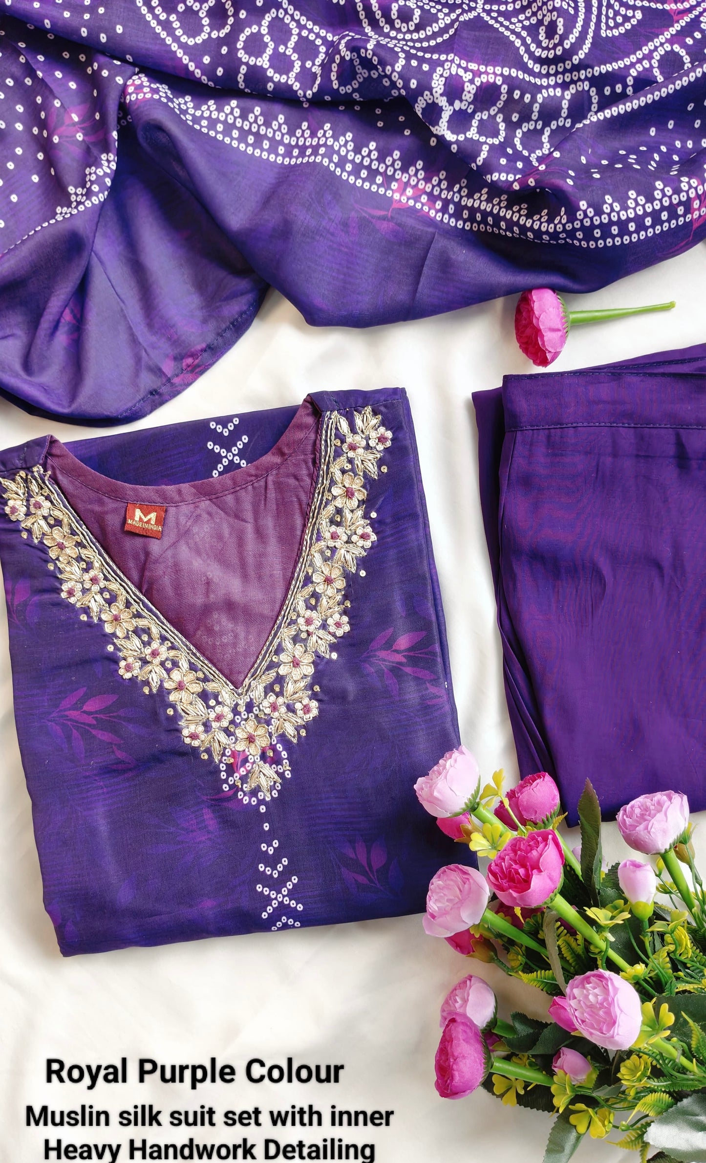 Bandhani Print Muslin Silk Suit Set with Dupatta & Heavy Handwork on Yoke