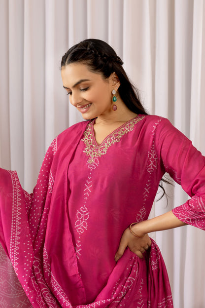 Bandhani Print Muslin Silk Suit Set with Dupatta & Heavy Handwork on Yoke
