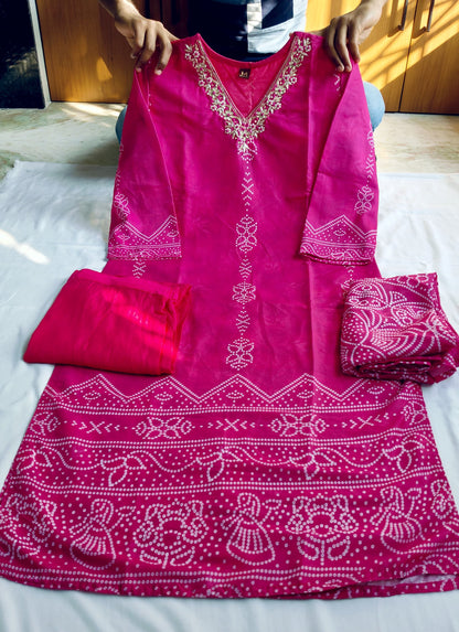 Bandhani Print Muslin Silk Suit Set with Dupatta & Heavy Handwork on Yoke