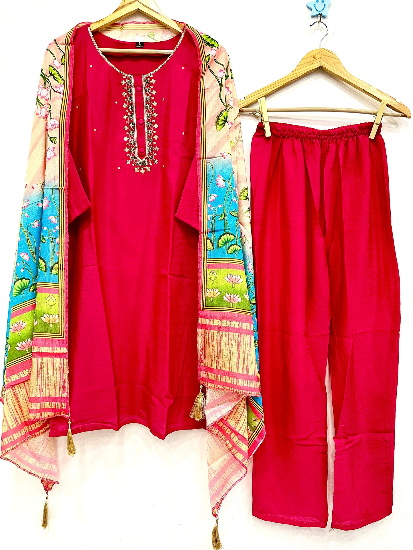 Chinon Embroidered Kurti Pant Dupatta Set with Zari & Sequence Work