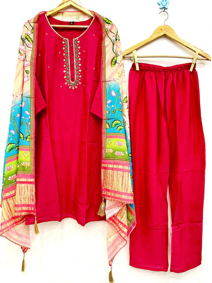 Chinon Embroidered Kurti Pant Dupatta Set with Zari & Sequence Work