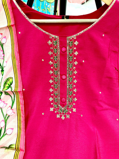 Chinon Embroidered Kurti Pant Dupatta Set with Zari & Sequence Work