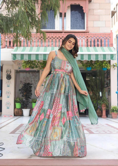 Floral Print Fox Georgette Maxi Dress with Dupatta & Lace Border