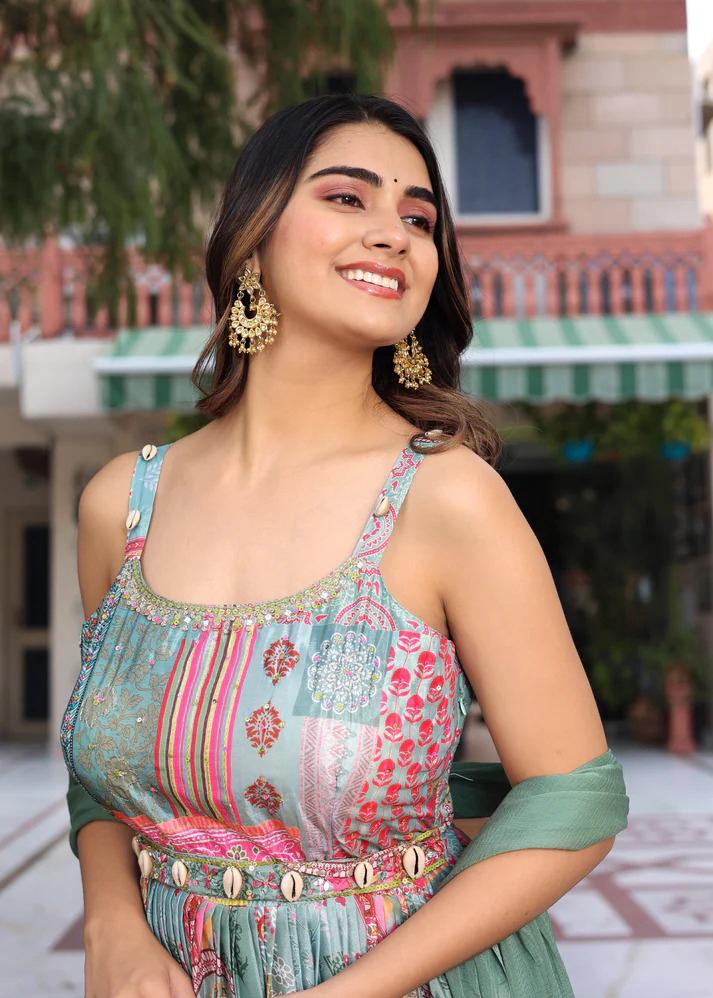 Floral Print Fox Georgette Maxi Dress with Dupatta & Lace Border