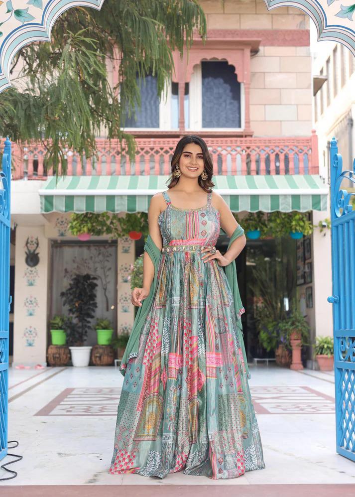 Floral Print Fox Georgette Maxi Dress with Dupatta & Lace Border