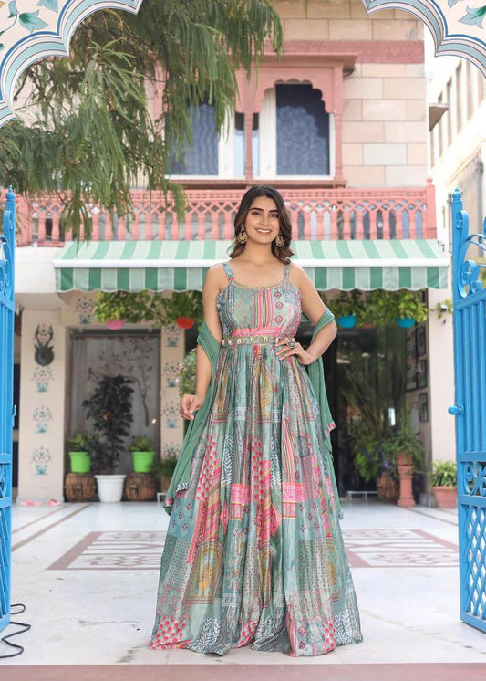 Floral Print Fox Georgette Maxi Dress with Dupatta & Lace Border