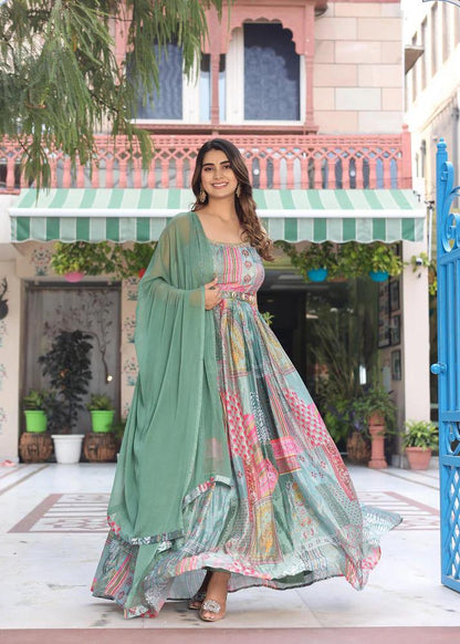 Floral Print Fox Georgette Maxi Dress with Dupatta & Lace Border