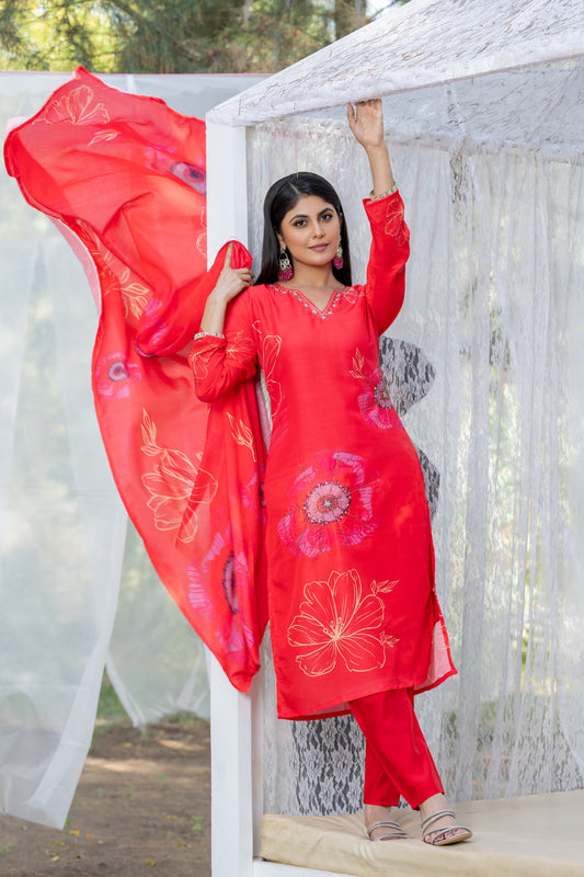 Red Floral Muslin Silk Suit Set with Dupatta & Heavy Handwork Detailing