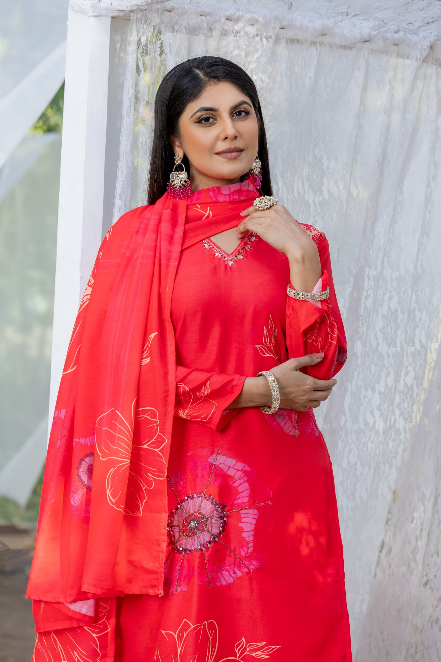 Red Floral Muslin Silk Suit Set with Dupatta & Heavy Handwork Detailing