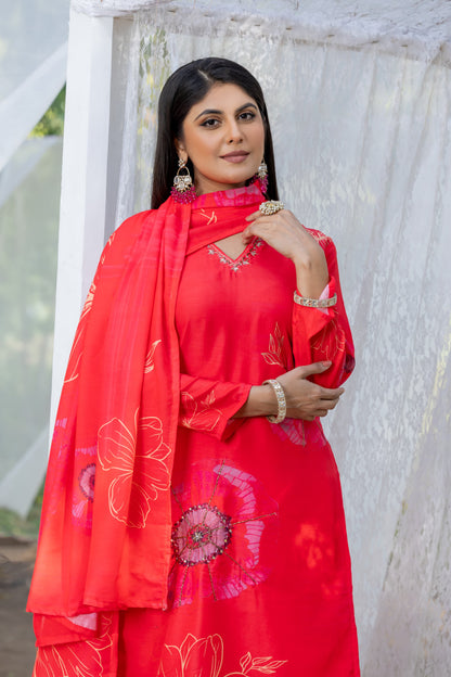 Red Floral Muslin Silk Suit Set with Dupatta & Heavy Handwork Detailing