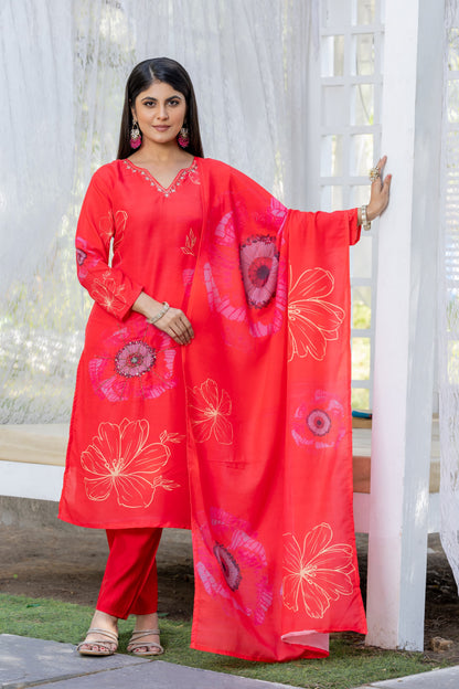 Red Floral Muslin Silk Suit Set with Dupatta & Heavy Handwork Detailing
