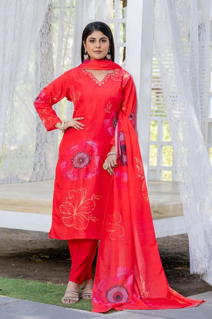 Red Floral Muslin Silk Suit Set with Dupatta & Heavy Handwork Detailing