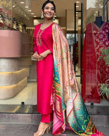 Chinon Embroidered Kurti Pant Dupatta Set with Zari & Sequence Work