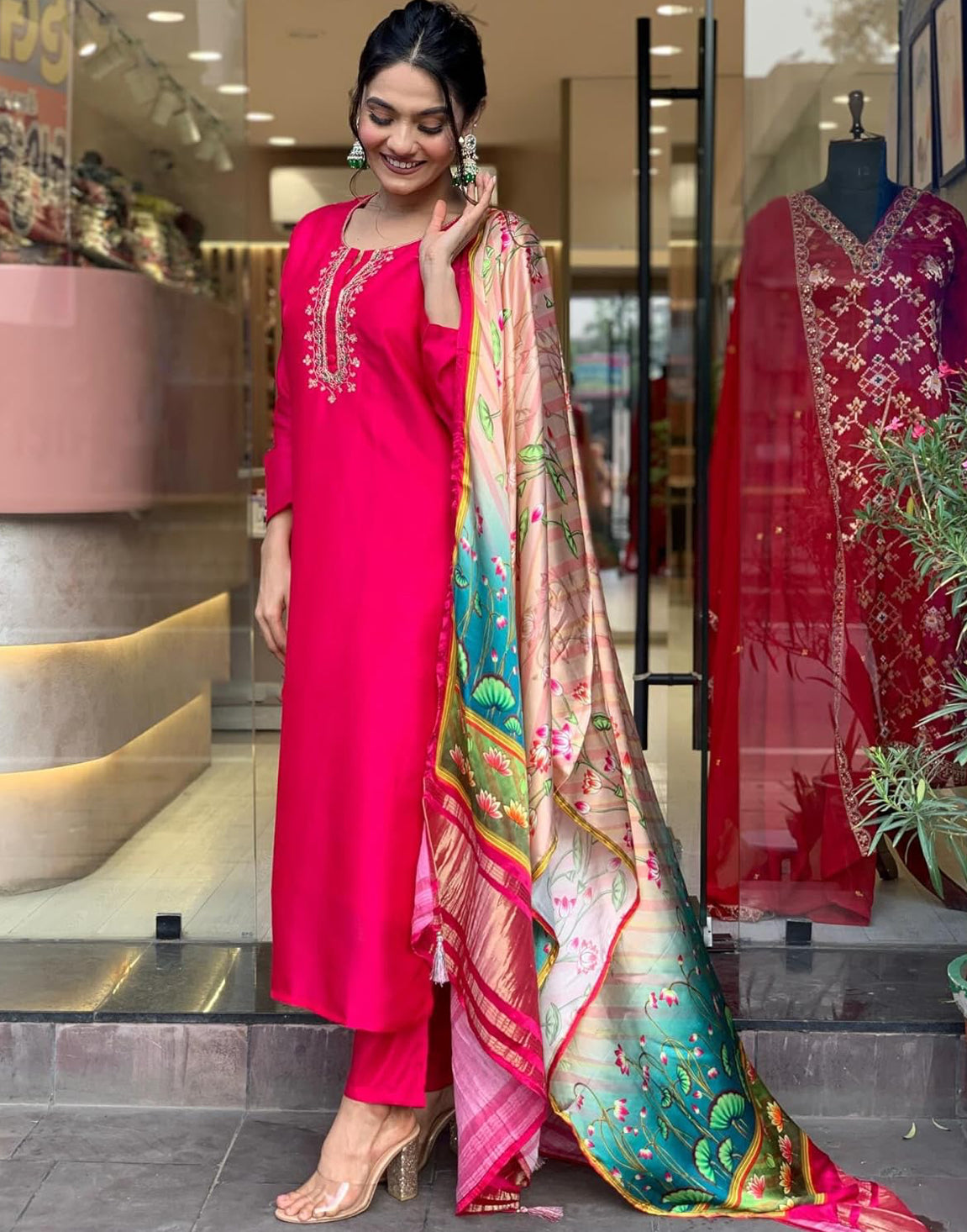 Chinon Embroidered Kurti Pant Dupatta Set with Zari & Sequence Work