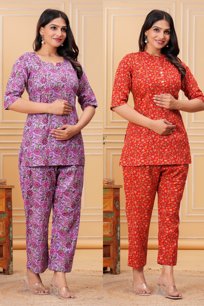 Buy 1 Get 1 Free | Pure Cotton Maternity & Nursing Co-ord Set | Pre & Post Pregnancy Wear