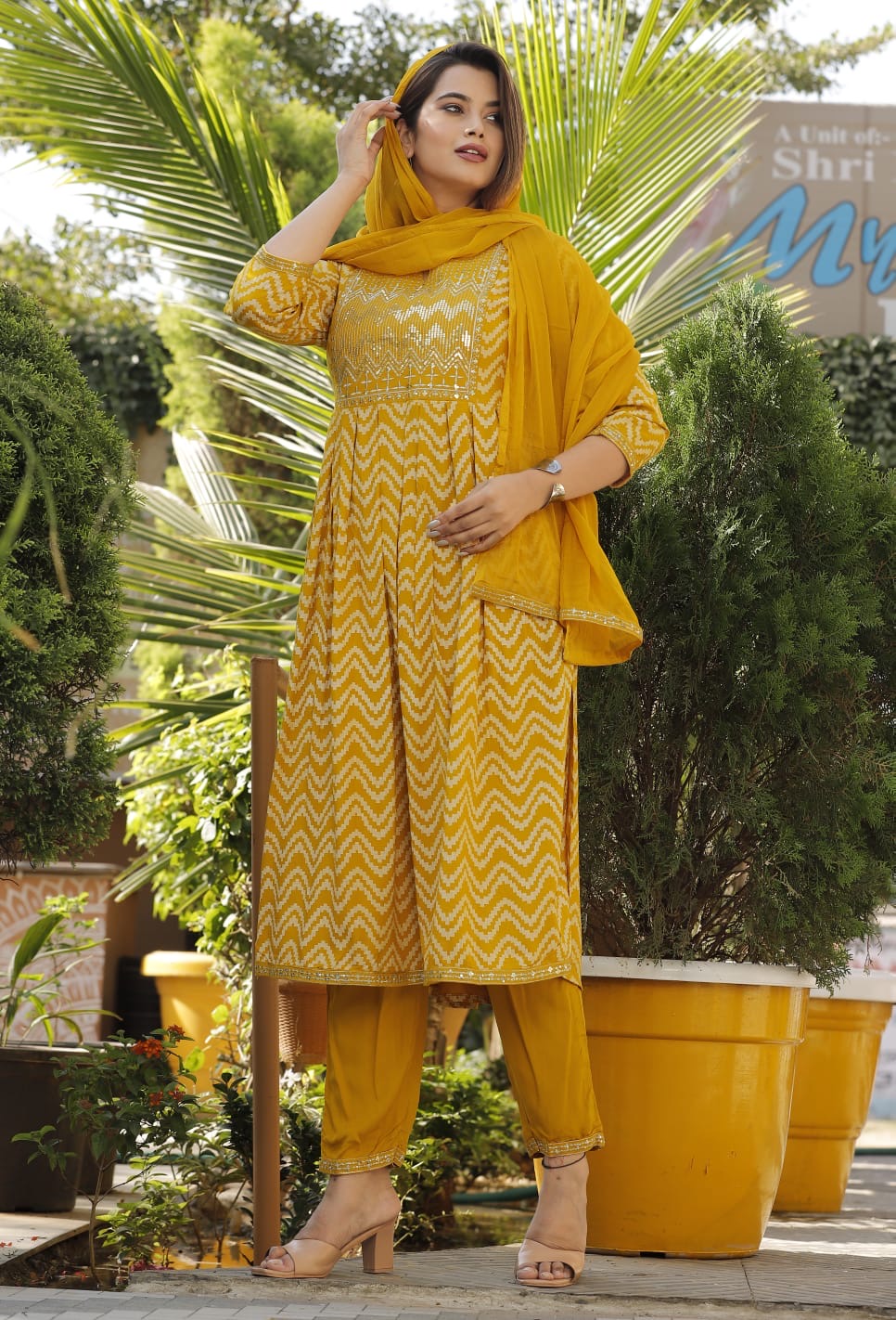 Rayon Printed Kurti Set with Pant & Embroidered Dupatta | Sequence Work