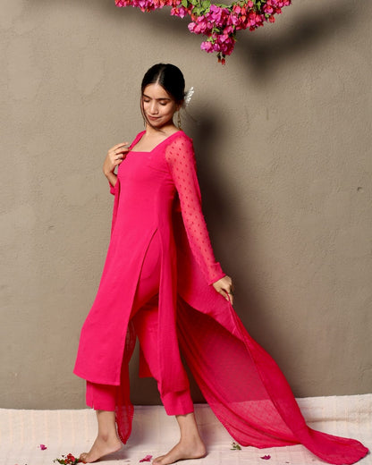 Cotton 60s Kurti Pant Set with Georgette Thousand Butti Dupatta