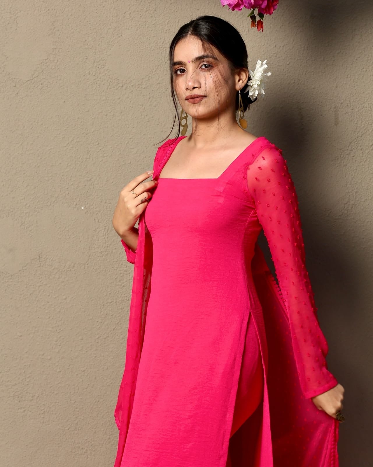 Cotton 60s Kurti Pant Set with Georgette Thousand Butti Dupatta