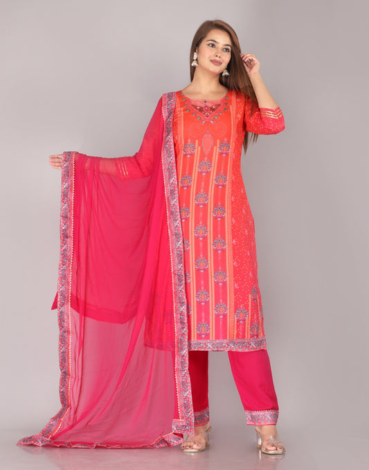 Printed Maslin Kurti Set with Rayon Cotton Pant & Nazmin Dupatta